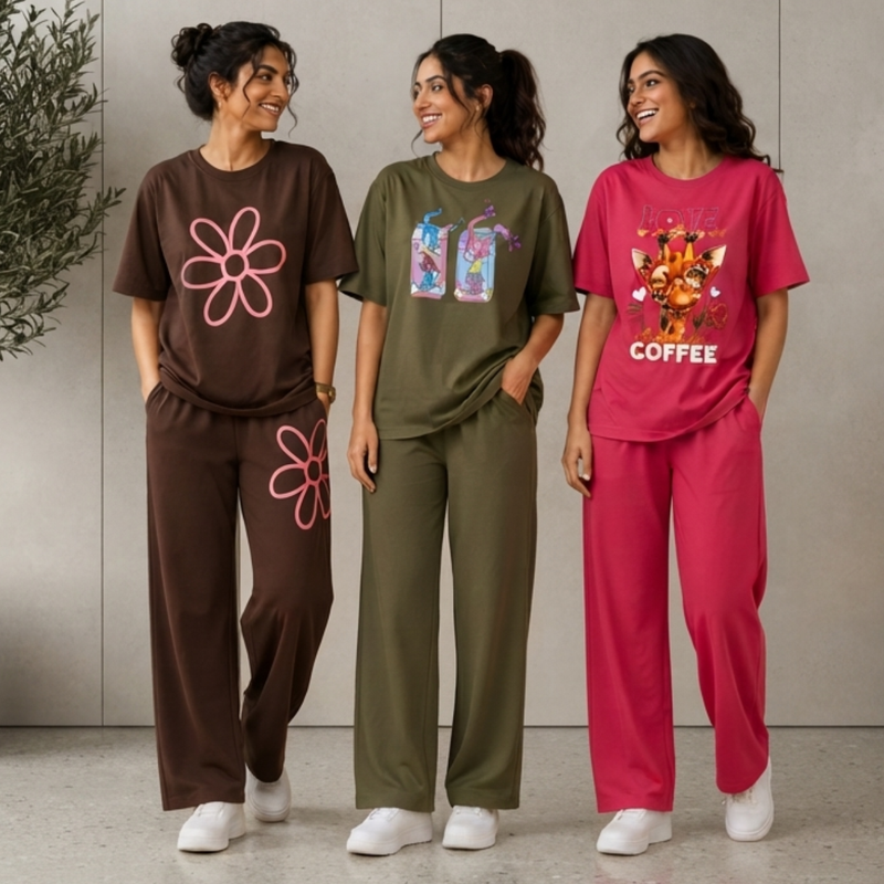 Women's T-Shirt & Trouser Set of 3 (Multicolor) – Coordinated Casual Wear | Style 4