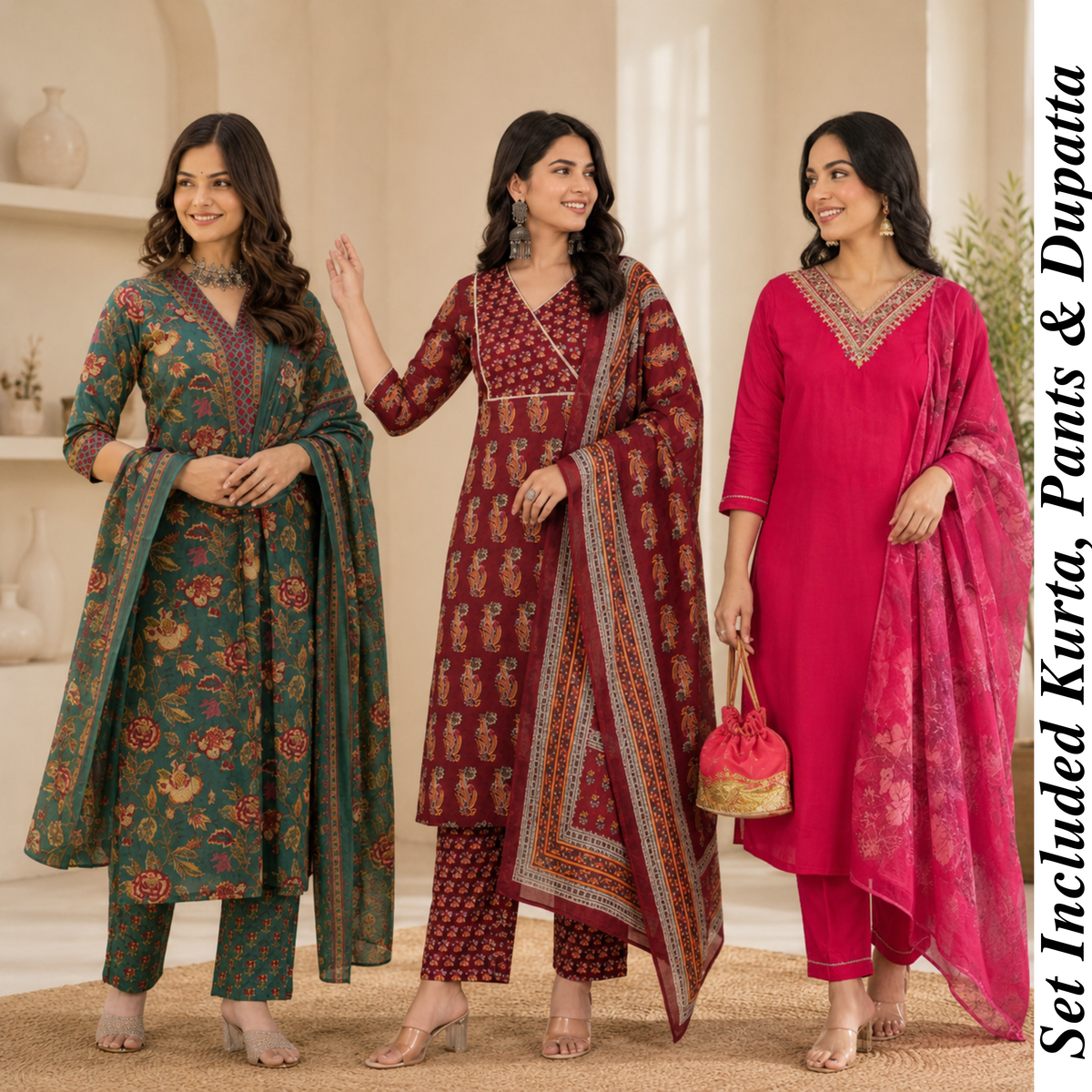 Kurti Set of 3 (Multicolor) – Printed Cotton Kurta with Dupatta | Elegant Ethnic Wear