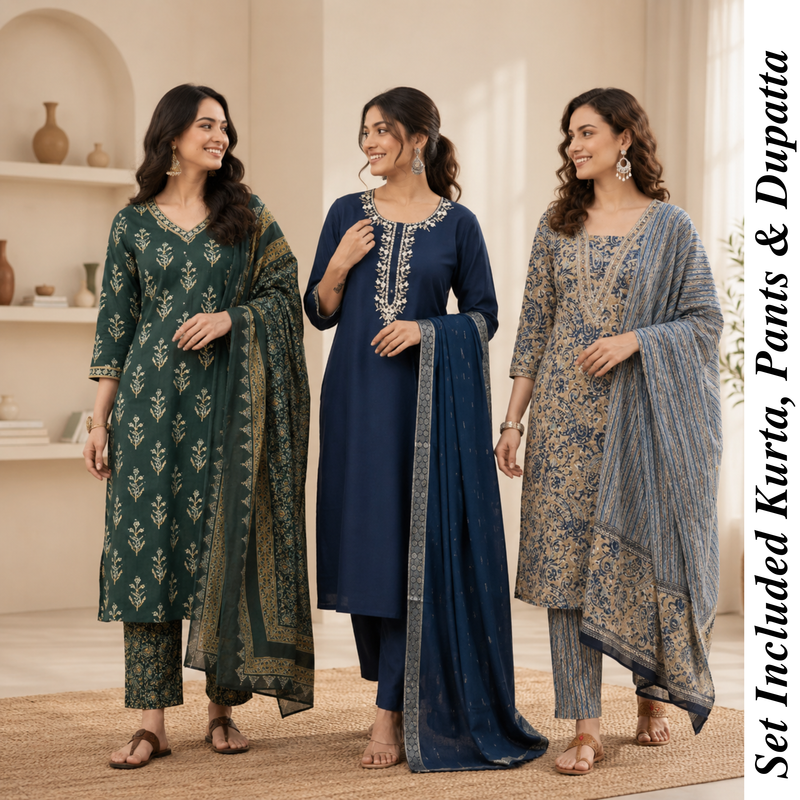 Kurti Set of 3 (Multicolor) – Printed Cotton Kurta with Dupatta | Elegant Ethnic Wear