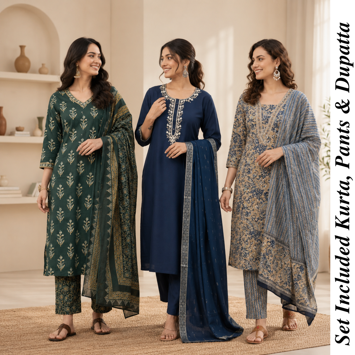 Kurti Set of 3 (Multicolor) – Printed Cotton Kurta with Dupatta | Elegant Ethnic Wear