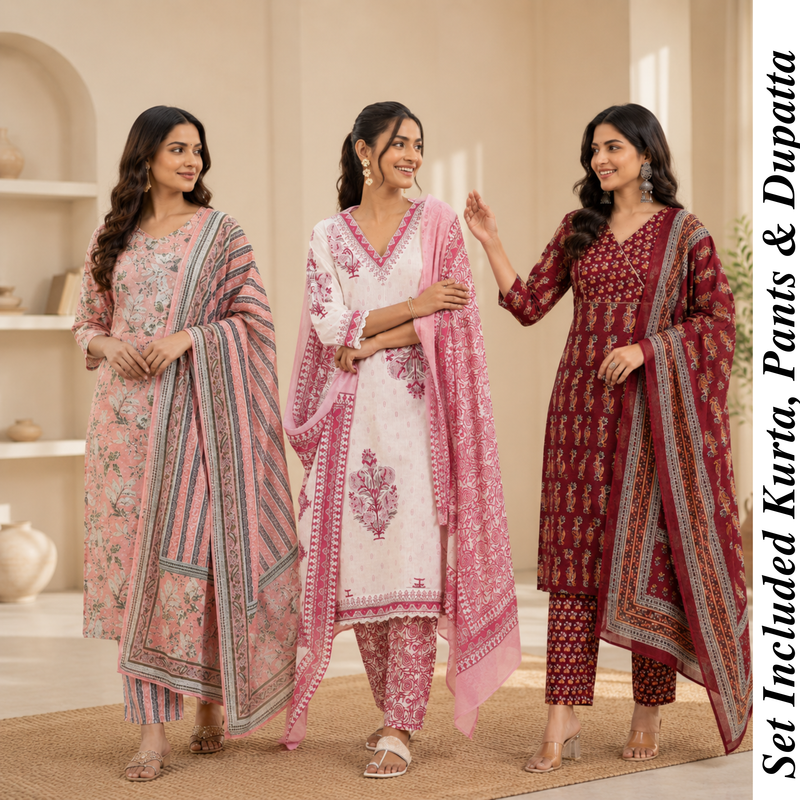 Kurti Set of 3 (Multicolor) – Printed Cotton Kurta with Dupatta | Elegant Ethnic Wear