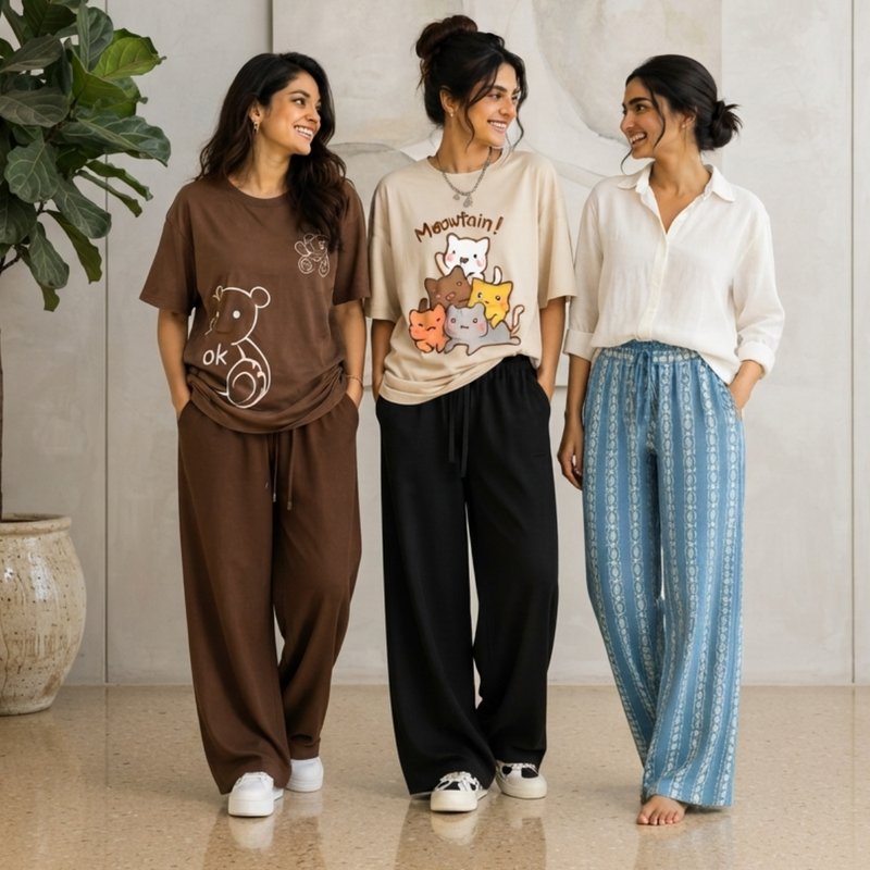 Women's T-Shirt & Trouser Set of 3 (Multicolor) – Coordinated Casual Wear | Style 7