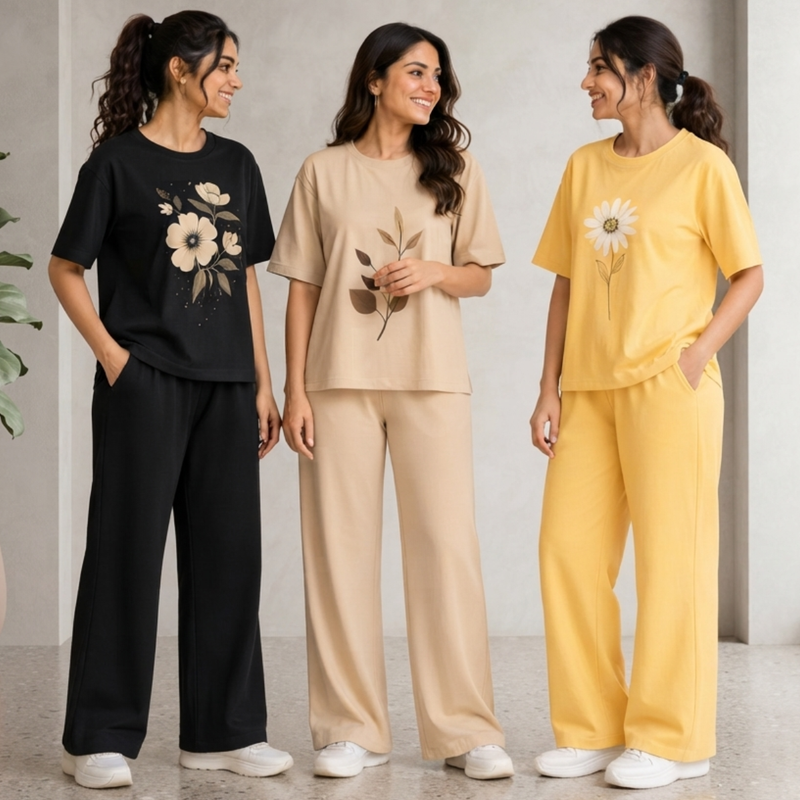 Women's T-Shirt & Trouser Set of 3 (Multicolor) – Coordinated Casual Wear | Style 1