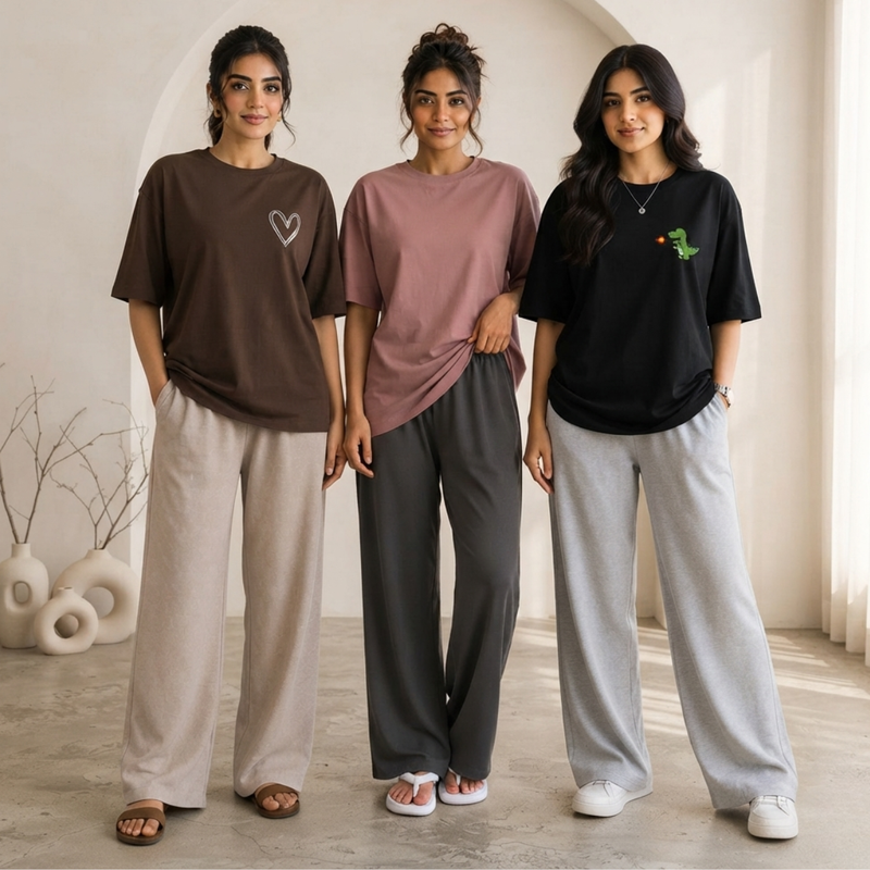 Women's T-Shirt & Trouser Set of 3 (Multicolor) – Coordinated Casual Wear | Style 9