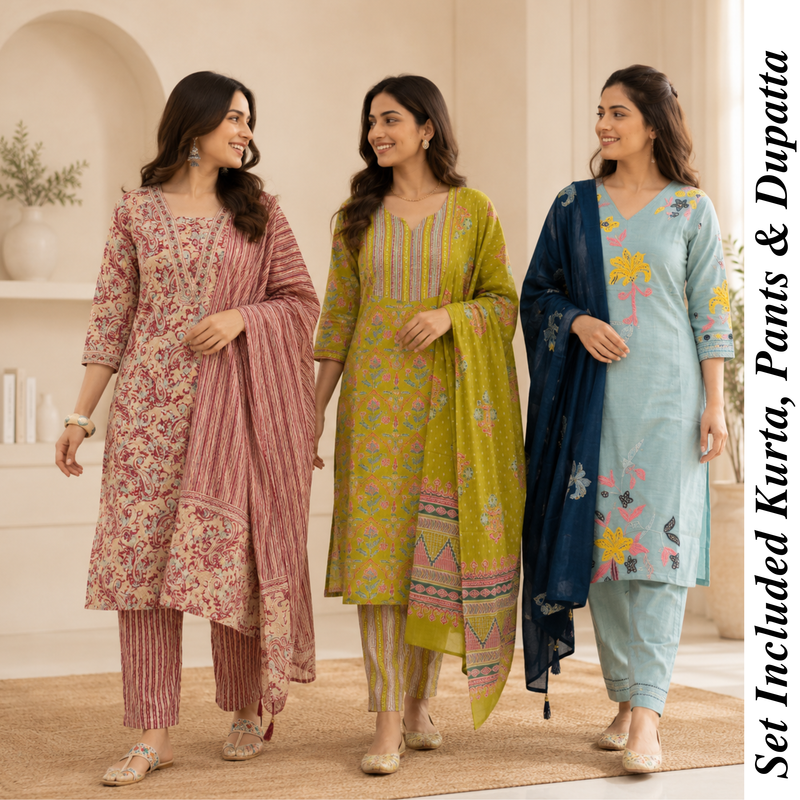 Kurti Set of 3 (Multicolor) – Printed Cotton Kurta with Dupatta | Elegant Ethnic Wear