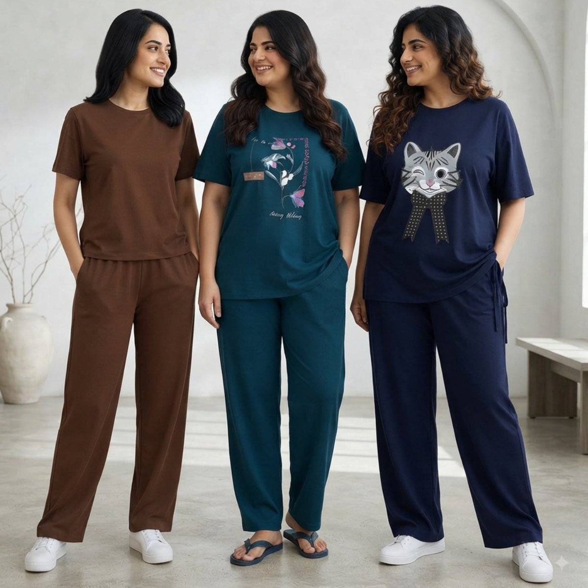 Women's T-Shirt & Trouser Set of 3 (Multicolor) – Coordinated Casual Wear | Style 3