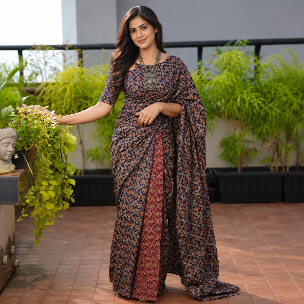 Admirable 1-Minute Ready-to-Wear Navy Blue Mul Cotton Digital-Printed Saree with Pocket | Elegant Ethnic Saree
