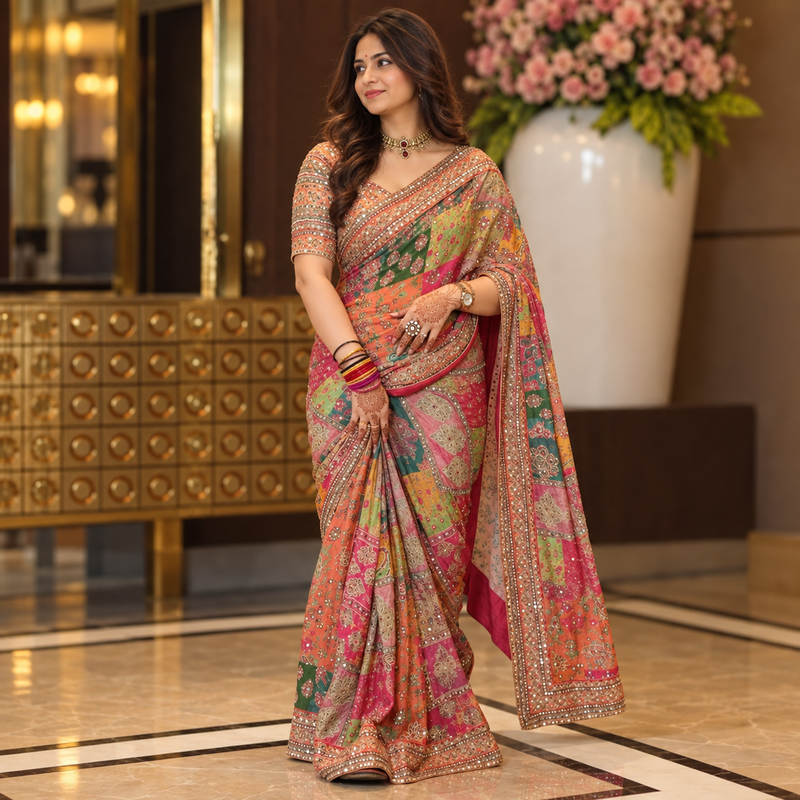 Surreptitious Multicolor Chinon Silk Printed Mirror Work Saree | Elegant Ethnic Saree