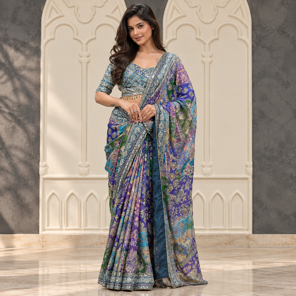 Preferable Multicolor Chinon Silk Printed Mirror Work Saree | Elegant Ethnic Saree