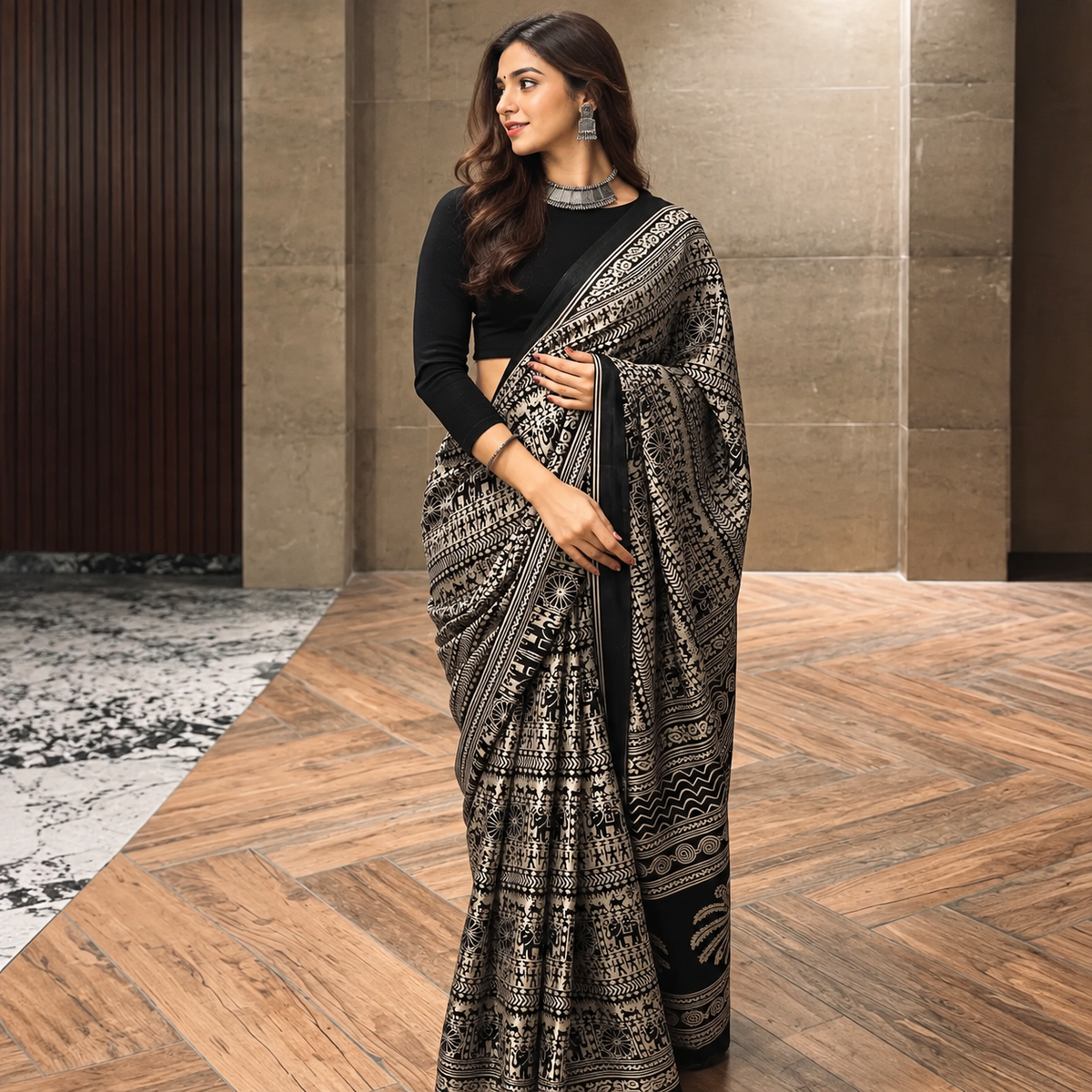 Adorning Black 1-Minute Ready-to-Wear Digital-Printed Crepe Silk Saree | Elegant Ethnic Saree