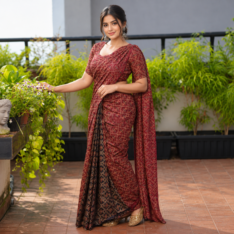 Classic 1-Minute Ready-to-Wear Maroon Mul Cotton Digital-Printed Saree with Pocket | Elegant Ethnic Saree