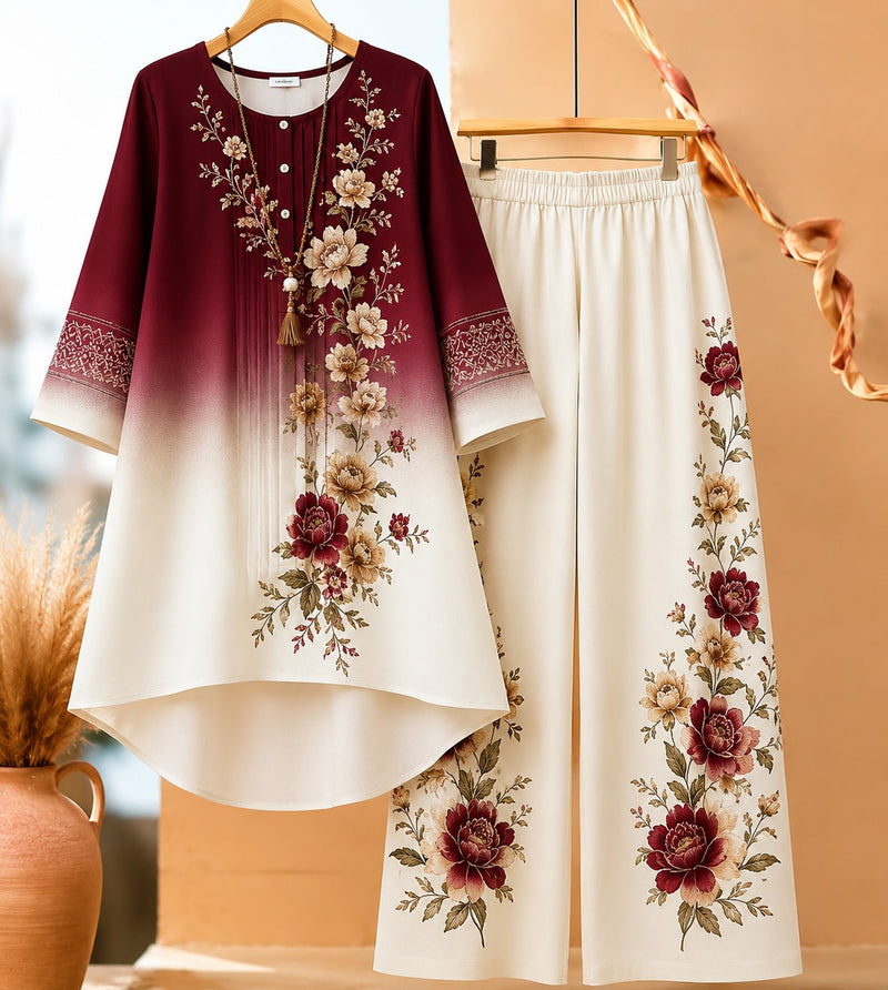 Floral Ombré Co-Ord Set (Wine) | NaariPoshak