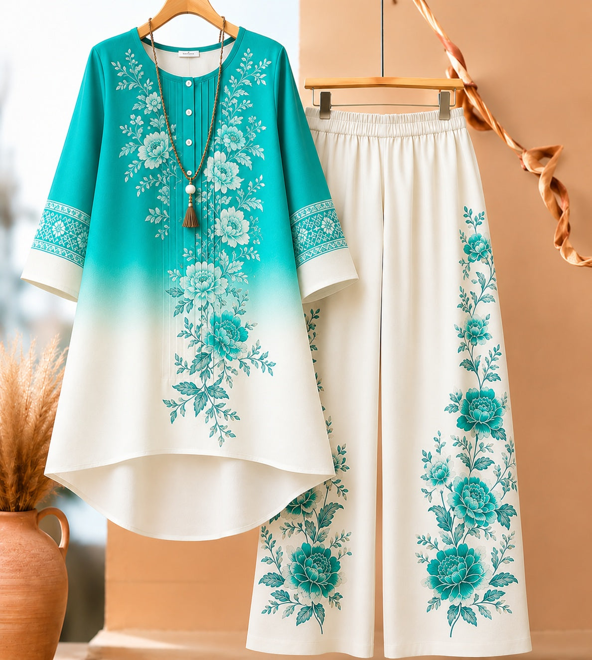 Floral Ombré Co-Ord Set (Aqua) | NaariPoshak