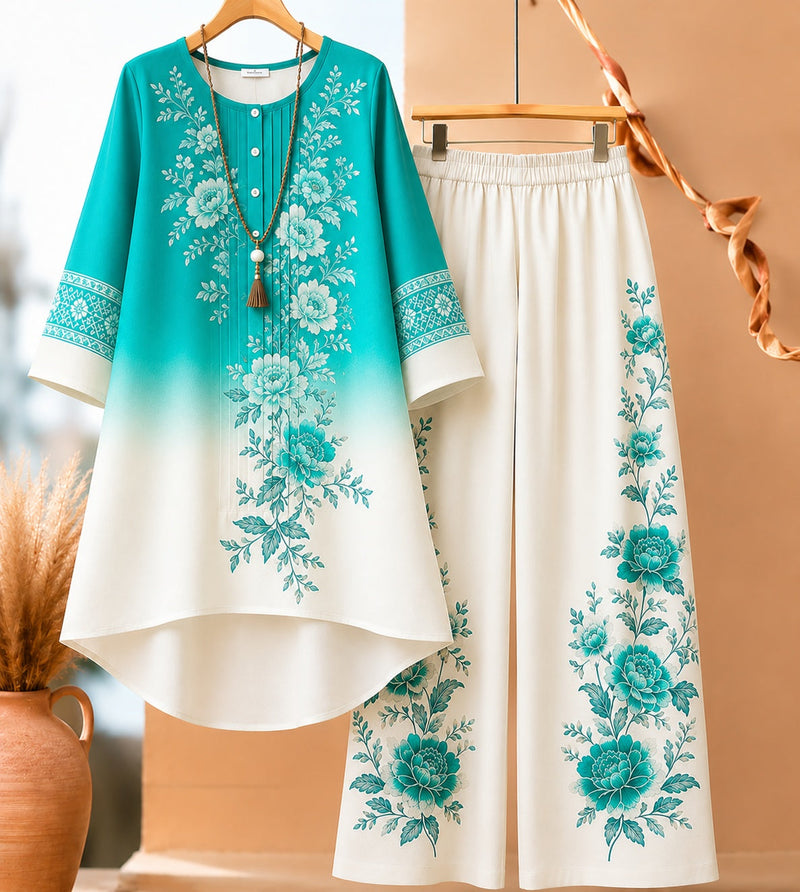 Floral Ombré Co-Ord Set (Aqua) | NaariPoshak