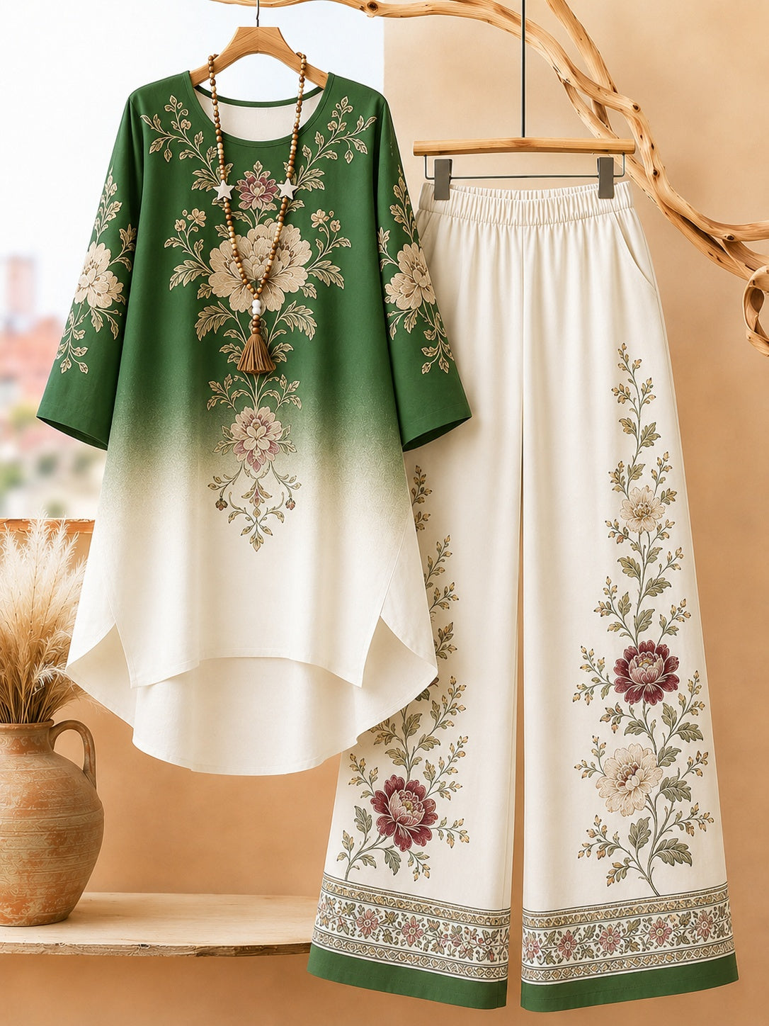 Floral Ombré Co-Ord Set (Green) | NaariPoshak