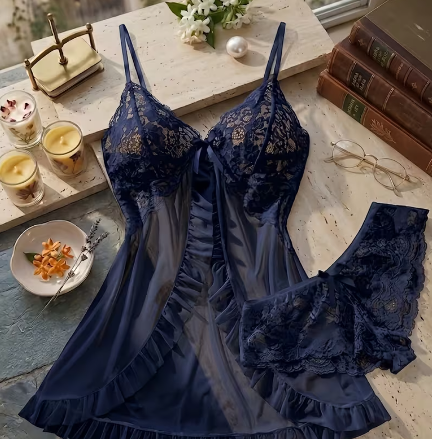 Midnight Elegance Lace Babydoll & Brief Set — French Romantic Sleepwear