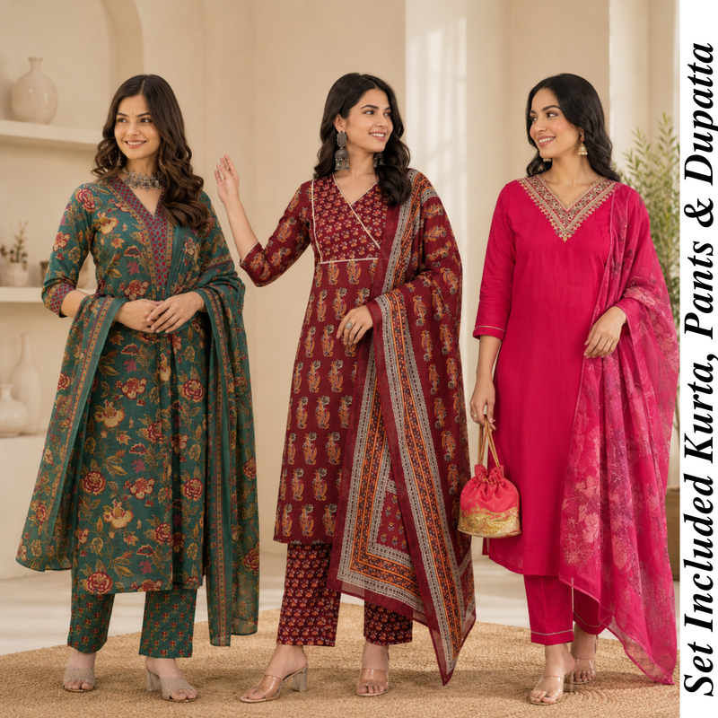 Kurti Set of 3 (Multicolor) – Printed Cotton Kurta with Dupatta | Elegant Ethnic Wear
