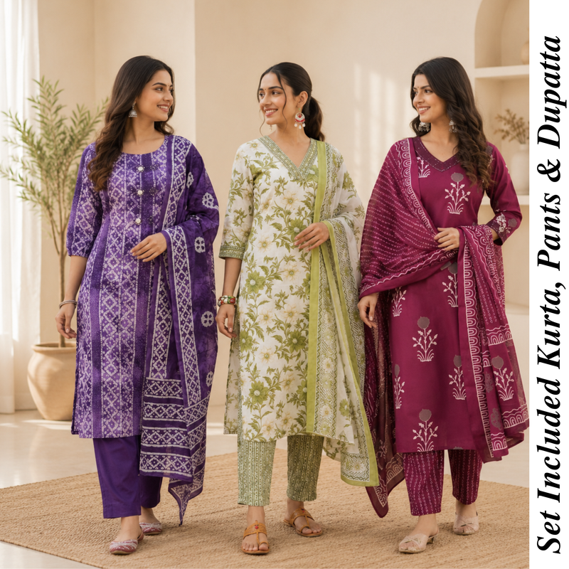 Kurti Set of 3 (Multicolor) – Printed Cotton Kurta with Dupatta | Elegant Ethnic Wear
