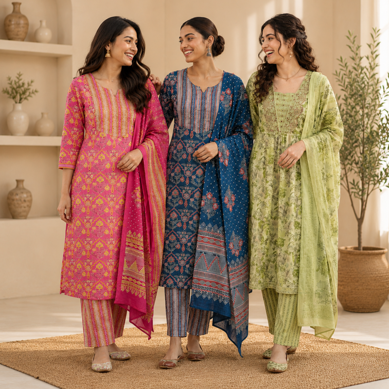 Kurti Set of 3 (Multicolor) – Printed Cotton Kurta with Dupatta | Elegant Ethnic Wear