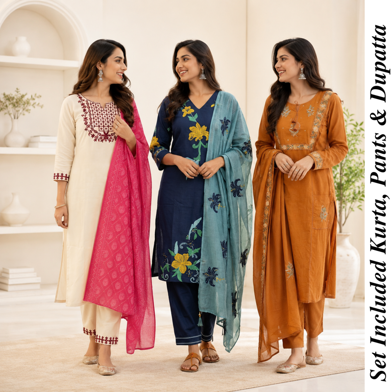 Kurti Set of 3 (Multicolor) – Printed Cotton Kurta with Dupatta | Elegant Ethnic Wear