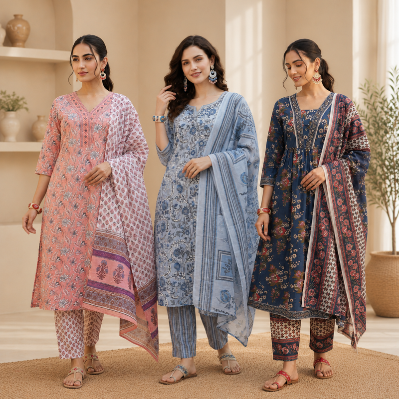 Kurti Set of 3 (Multicolor) – Printed Cotton Kurta with Dupatta | Elegant Ethnic Wear
