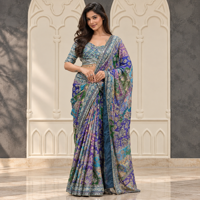 Preferable Multicolor Chinon Silk Printed Mirror Work Saree | Elegant Ethnic Saree