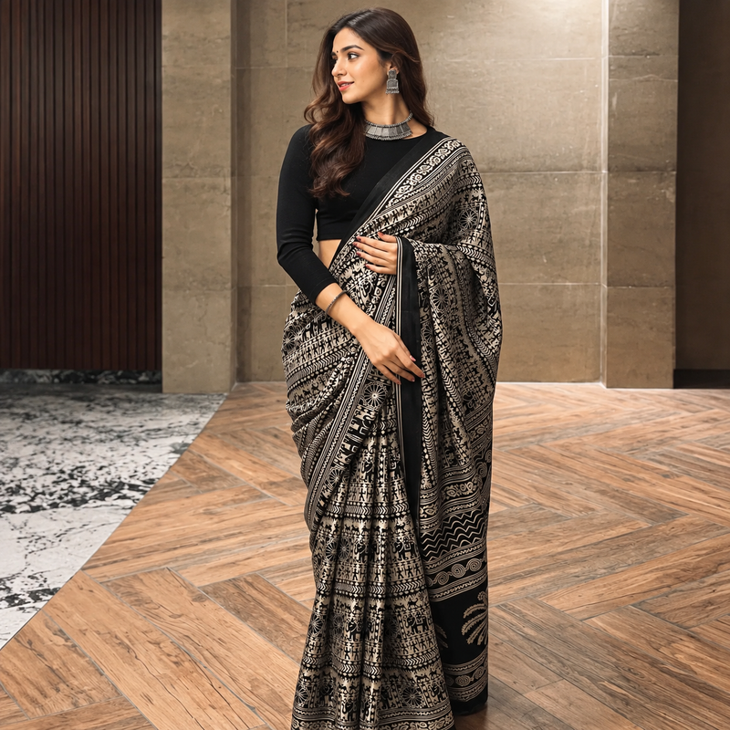 Adorning Black 1-Minute Ready-to-Wear Digital-Printed Crepe Silk Saree | Elegant Ethnic Saree