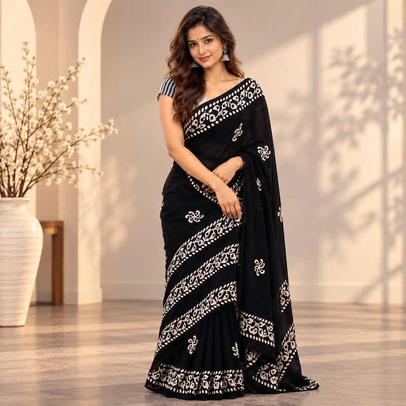 Cynosure 1-Minute Ready-to-Wear Black Mul Cotton Digital-Printed Saree | Elegant Ethnic Saree