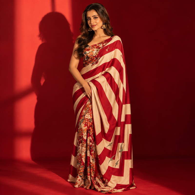 Imbrication Beige And Maroon 1-Minute Ready-to-Wear Digital-Printed Crepe Silk Saree | Elegant Ethnic Saree