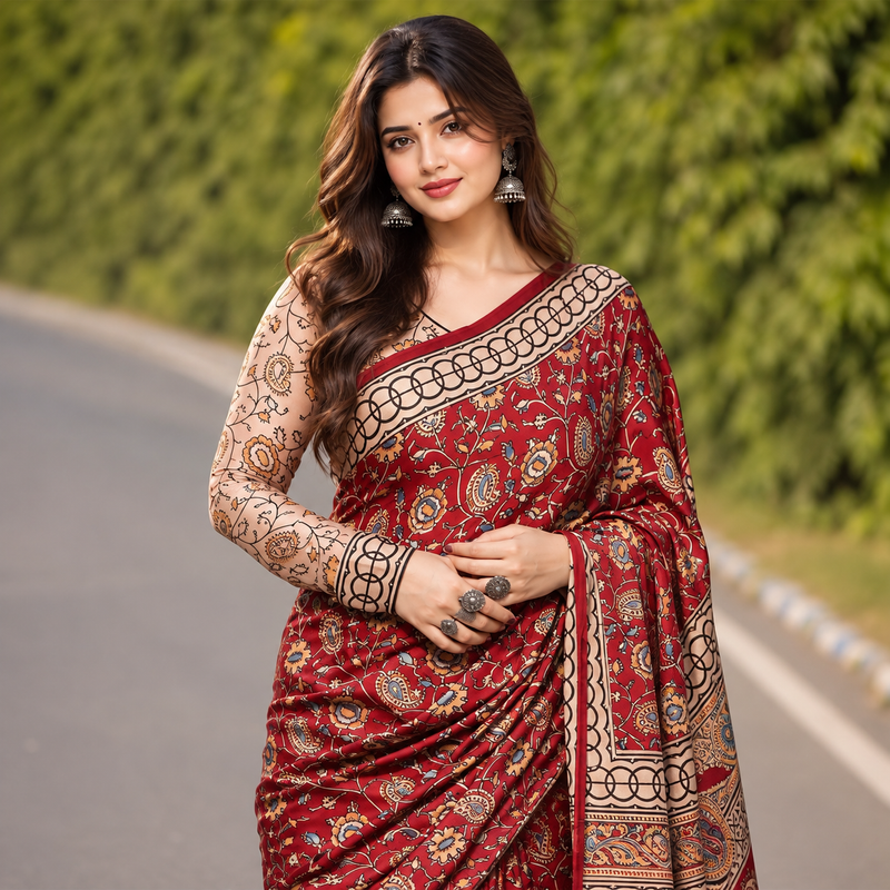 Moiety Red 1-Minute Ready-to-Wear Digital-Printed Crepe Silk Saree | Elegant Ethnic Saree