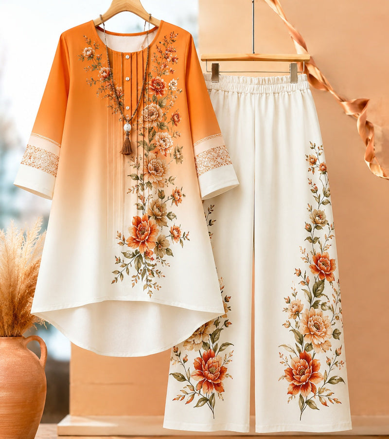 Floral Ombré Co-Ord Set (Orange) | NaariPoshak