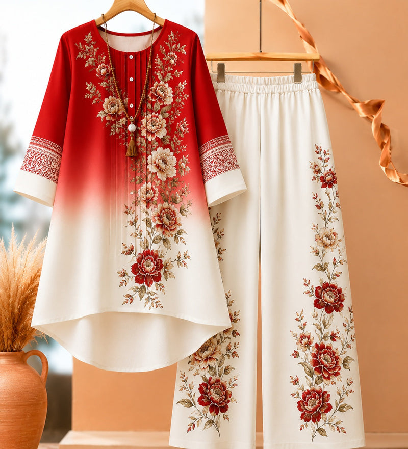 Floral Ombré Co-Ord Set (Red) | NaariPoshak